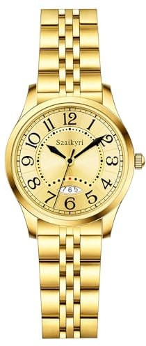Szaikyri Klassik Uhr für Frauen mit Einfacher Zeit Lese Arabische Ziffern Damenuhren mit Kalender Wasserdicht (Gold)