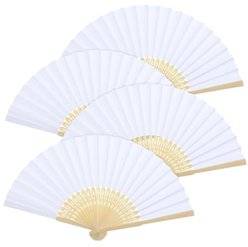 Grevosea 4 Stück Handfächer Weiß Fächer Hochzeit Papierfächer Handfächer 21cm Leer Fächer Faltbare Bambusfächer Hochzeit Weiß Faltbar Papierfächer Fan für Hochzeite Tanz,Party,Diy Dekoration