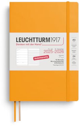 LEUCHTTURM1917 372623 Wochenkalender & Notizbuch Medium (A5) 2026, 18 Monate 07.2025-12.2026, Softcover, Rising Sun, Deutsch