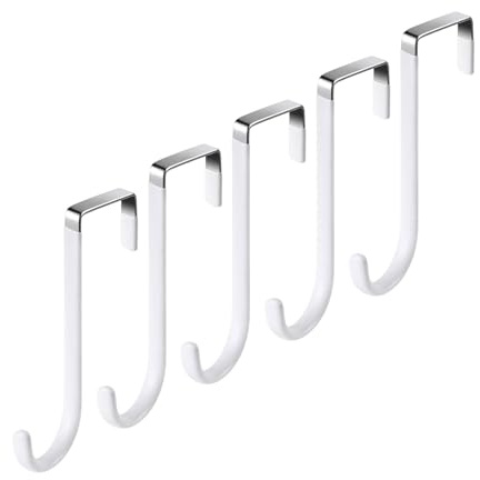 DAQUN 5 Pcs Over Door Hooks, Over The Door Hook - Space Saving Metal Hooks with Soft Rubber Surface for Bathroom/Bedroom - Holds Towels, Coats, Hats, Bags (White)