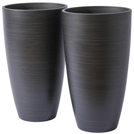 Set di 2 vasi per piante grandi, leggeri, alti e alti, con foro di drenaggio e sottovaso, in plastica, per interni ed esterni, vasi alti e rotondi (legno scuro con finitura opaca)