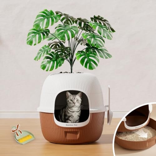 Gardner Pet Large Enclosed Cat Litter Box with Faux Plant, Dark Brown | Large Space, Hidden Litter Box Furniture, Carbon Filter Odor Controll, Leak-Proof, Easy Assembly & Cleaning,Suitable All Cats