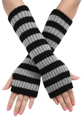 IHLOOTD Armstulpen Gestreift Y2K Handstulpen Damen Stricken Stulpen Damen Arm Punk Gothic Lange Fingerlose Arm Warmers Pulswärmer für Winter Karneval