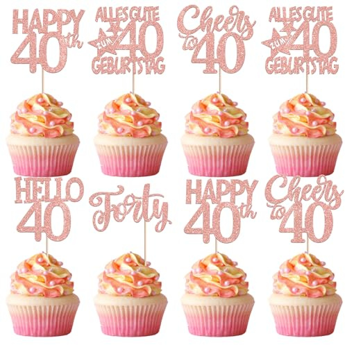 30 Stück 40th Geburtstag Tortendeko Alles Gute zum Geburtstag 40 Kuchen Deko Glitzer Forty Cupcake Toppers für Prost auf 40th Jahre Jahrestag Party Kuchen Dekorationen Rosegold