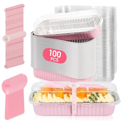 JPPSUJJ 100 Pack Mini Cake Pans with Lids and Spoons, Disposable Aluminum Foil Cake Tins（6.8oz） Individual Small Cake Baking Containers for Party, Wedding, Birthday