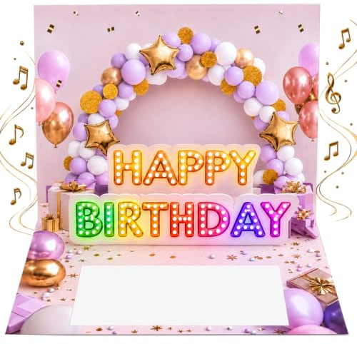 Joli Coon Carte anniversaire pop-up 3D, musique et lumière, 20 x 15 cm | Dorure, enveloppe assortie, sticker cachet doré, espace pour message personnel, idée cadeau pour femme