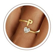 Fezodo Ring Damen Gold, 18K Gold Vergoldet Herz Ring mit Buchstaben Personalisiert Zirkonia Ringe Wasserfest Ringe Goldschmuck Valentinstag Geschenke für Frauen Freundin Mädchen