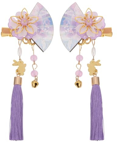 Jecompris Lot De 2 Barrettes Cheveux Japonaise Violet Style ÉVentail Avec Glands Accessoires Pour Cheveux FêTe Mariage Carnaval