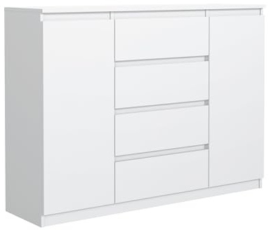 Masseno Kommode NUDO 120 cm Sideboard mit 4 Schubladen und 2 Türen für Wohnzimmer Schlafzimmer Modern 120x39x101,5 cm Weiß/Weiß