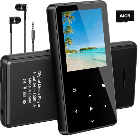 Cetoon 64GB MP3 Player with Bluetooth 5.3 - Portable Music Player with HiFi Sound, Speaker, E-Book Function, FM Radio, Lightweight Design - Touchscreen Buttons, Earphones Included