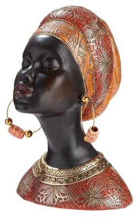 MF Dekofigur Kiana, Afrikanische Frauenbüste mit Kopftuch, Kunstharz, Orange und Schwarz, Ethnischer Stil, 19,5 x 15,5 x 23 cm