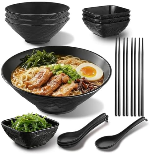 Berglander Ramen Bowl Set 1200mL of 4 with Dipping Bowls Chopsticks Spoons, Unbreakable Japanese Style Plastic Noodle Soup Bowls for Asian Pho Soup Thai Miso Udon Wonton