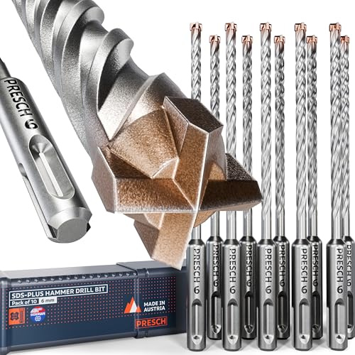 PRESCH Brocas Hormigón SDS plus 6mm (10 uds.) – Broca pared con 4 filos de carburo – Indicador de profundidad – Juego de Brocas profesional para hormigón, granito, ladrillo y mampostería
