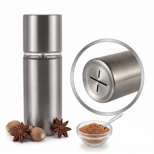 KANDONEX Muskatmühle Edelstahl 304 Manuelle Gewürzmühle für Muskatnuss Nüsse Pfeffer Gewürze Küche 100 ml Handmühle Küchenmühle Aromamühle Reibe Kochen Backen Servieren für Haushalt (Silber)