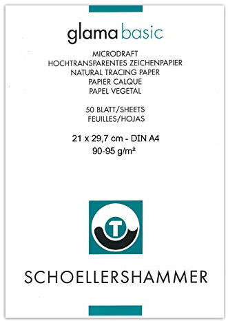 Honsell 25508 - Schoellershammer Glama Microdraft hochtransparentes Zeichenpapier, DIN A4 Block mit 50 Blatt, 90 – 95 g/m², für technische Zeichnungen, Skizzen mit Bleistift, Filzstift, Tusche