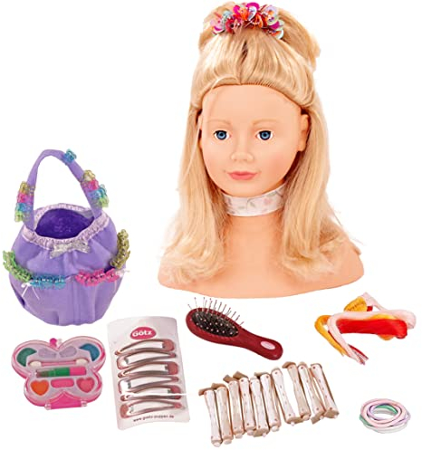 Götz 1192052 Haarwerk mit blonden Haaren, blauen Augen - 28 cm hoher Frisierkopf - Schminkkopf in 57-teiligen Set - geeignet für Mädchen ab 3 Jahren