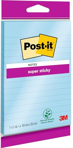 Post-it Super Sticky Large Notes, Blue, Lined, 1 Pad, 102 mm x 152 mm, 45 Sheets - Extra Sticky Notes for Walls, Monitors and Fridge