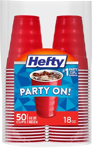 Hefty Party On Disposable Plastic Party Cups, 50 Count, 18 Oz Red Cups for Parties, Tailgates, Birthdays, Holidays, and More, Contoured Shape for Easy Gripping, Strong and Durable