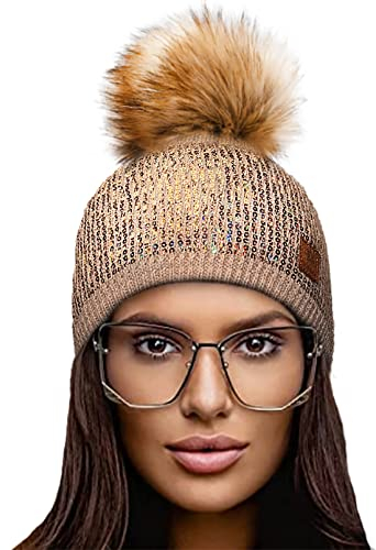 4sold Damen Wurm Winter Style Beanie Strickmütze Mütze mit Fellbommel Bommelmütze Hat Ski Snowboard Pelz Bommel Pompon Kleine Kristalle Sequins Crystals (Beige)