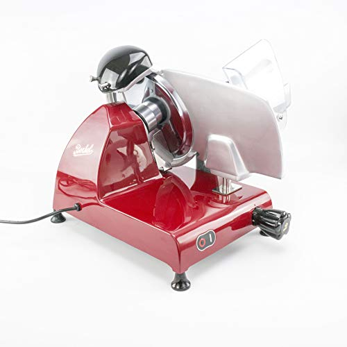 Palatina Werkstatt ® Berkel Red Line 250 rosso; Affettatrice professionale con smerigliatrice integrata + tagliere in legno di botte di vino vecchio 30x18 cm