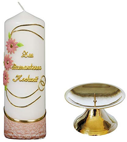 Meissner-Handel Auswahl * Stumpenkerze ''Zur Diamantenen Hochzeit'' * 6 x 18 cm * Terracotta * mit farbigen Wachsauflagen * (Motiv 005) * mit Kerzenständer aus Messing * Auswahl Motiv + Farbe