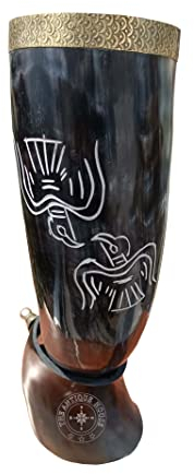 Real Viking Eagle Drinking Horn Mug Vintage Beer Mead Water Cup with Stand Best Gift for Antique Lover