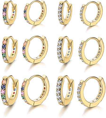 Milacolato 6Pairs Huggie Creolen Set Damen Zirkonia Ohrringe Rainbow CZ Mehrfarbige kleine Knorpel Tragus Helix Piercing Creolen Ohrringe Set Gold 6/8/10mm