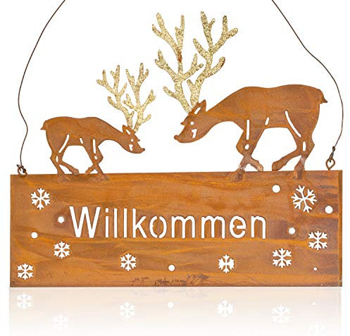 Metall Schild Willkommen Hirsch Rost Finish aufhängen Edelrost Tafel Schriftzug Garten Dekoration Spruch Gartendekoration Glitzer Gold Weihnachten Advent Elch Wellcome Wandschild Eisen (Motiv 2)