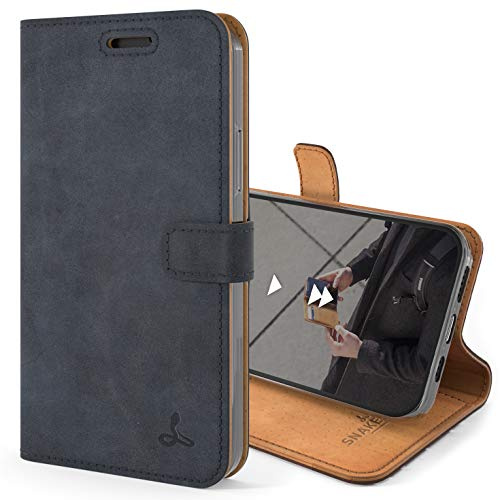 Snakehive Leather Wallet for iPhone 12 || Genuine Leather Wallet Phone Case || Real Leather with Viewing Stand & 3 Card Holder || Flip Folio Cover with Card Slot (Navy)