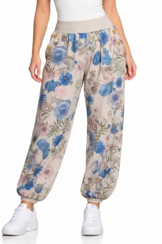Mississhop Damen leichte Blumenprint Hose Sommerhose Haremshose Ballonhose Blumen Pumphose Aladinhose Sommer Baggy Pants