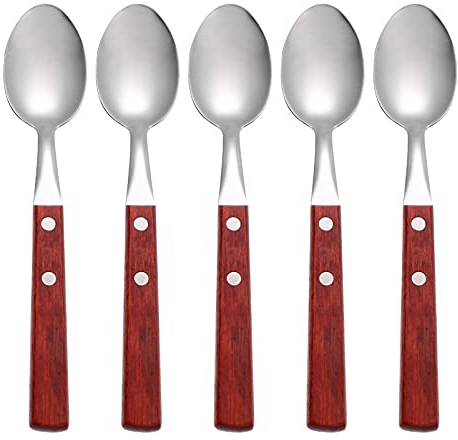 Luxshiny 5pcs Wooden Handle Cutlery Set Stainless Steel Dinner Spoons, Buffet Serving Spoons Salad Serving Spoons Dessert Spoon Western Food Spoon with Wooden Handle Red