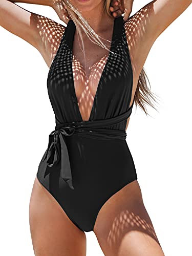 CUPSHE, Costume intero da donna con scollo profondo e laccetti incrociati sulla schiena, Nero , L
