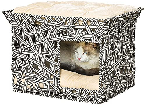 Pawhut Rattankorb für Katzen, 2 Etagen, Höhle, Katzenbett, mit 2 weichen Kissen, Metallgestell, 51 x 42 x 37 cm, Grau und Beige