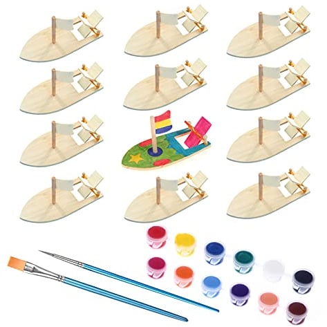 jiuzcare Holzboot Spielzeug 12 Stück DIY Holz Segelboot Kinder DIY Handgemachten Material Paddelboot Gummiband Set DIY Kinderspielzeug Bemalen und Dekorieren mit 12 Farbpigment + 2 Stifte, 12PCS