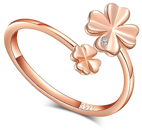 MICGIGI Damen 925er Sterling Silber Offener Ring Vierblättriges Kleeblatt Verstellbarer Ring Roségold