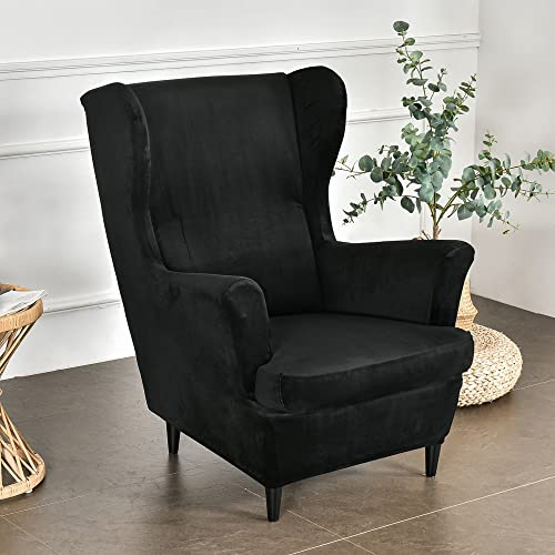 Highdi 2-Teilig Ohrensessel Bezug für Stradmon Stuhl, Stretch Luxus Samt Sesselüberwürfe, Elastisch Sesselhusse mit Armlehne für Ohrensessel, Relaxsessel, Fernsehsessel (Schwarz)