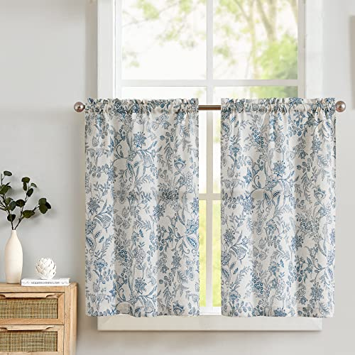TOPICK Leinen Scheibengardinen Blumen Küchengardinen 2er-Set H90xB65(cm) Landhausstil Modern Gardinen Vorhänge Kurz Bistrogardine für Wohnzimmer Badezimmer Fenster Kurzstores Blau auf Beige