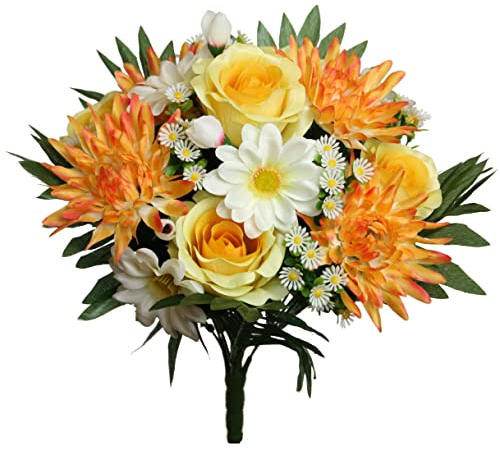 Floratexx Kunstblume Strauß Rosen-Dahlie Blumenstrauß 38cm GELB-ORANGE
