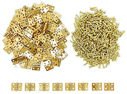 100Pcs Mini Brass Hinges Hardware Small Tiny Hinges for Miniature Furniture Wooden Box Jewelry Chest Box Dollhouse Cabinet DIY Crafts Accessories 10x8mm 180 Degree Rotation with Mounting Nails (Gold)