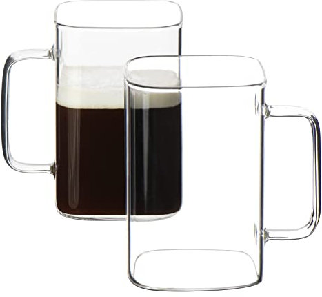 CHRYSLIN 20oz Square Glass Coffee Cups, 2 Pack, Microwave & Dishwasher Safe, Clear