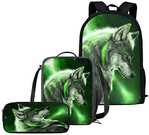 chaqlin Kinder Schultaschen Set 3PCS Rucksack mit Lunchtasche Bleistifttasche Tier Dinosaurier Wolf Fußball bedruckt Junge Mädchen Büchertaschen, Animal Wolf Green, Einheitsgröße, Kinderrucksack
