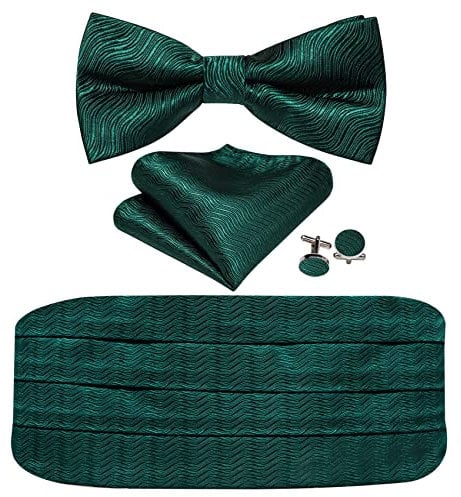 Barry.Wang Kummerbund Fliege Set für Herren Seide Kummerbund Vorgebundene Fliege Einstecktuch Manschettenknöpfe, grün, Einheitsgröße