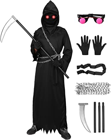 Formemory Sensenmann Halloween Kostüm Kinder Herren 7 Pcs Mit Brille Sense Kette Gürtel für Halloween Cosplay (Kinder-L, Schwarz)