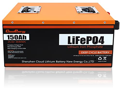 Cloudenergy Batterie LifePo4 24V 150Ah 3840Wh Deep Cycles avec BMS Lithium Batterie pour énergie Solaire, Bateau, voiturette de Golf, Camping-Car et Plus Applications ménagères