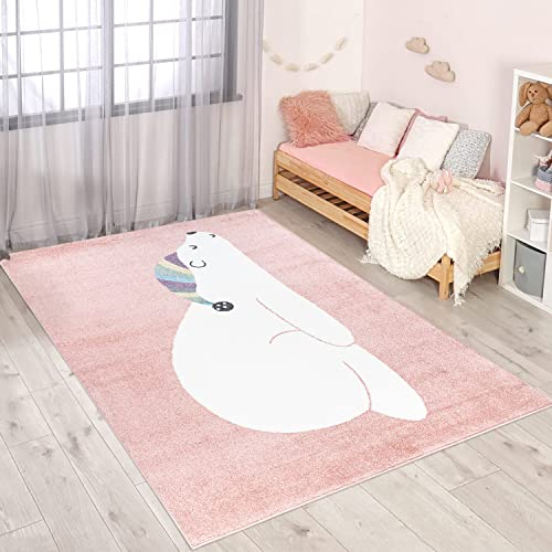 carpet city Teppich Kinderzimmer Tier-Motiv - Rosa - 120x160 cm - Kinderteppich Kurzflor Bär mit Schlafmütze - Weicher Flor