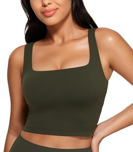 CRZ YOGA Women's Butterluxe Square Neck Sports Bra Padded Wireless Crop Top Gym Workout Tank Tops Camisole with Built in Bra Olive Green 10