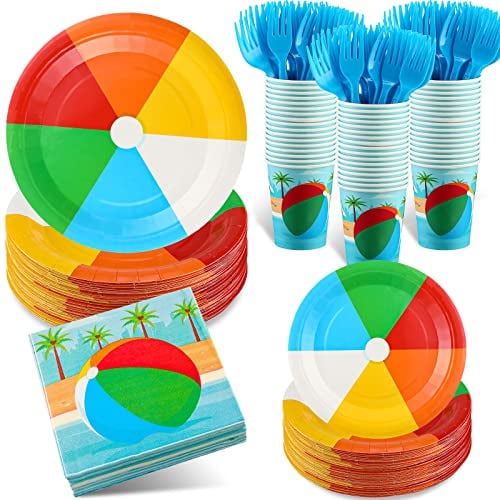 Rtteri 216 Pcs Beach Ball Party Supplies Tableware Include 72 Paper Summer Pool Ball Party Plates 72 Napkins 36 Cup 36 Disposable Fork Beach Ball Party Tableware Decorations for Boy Girl