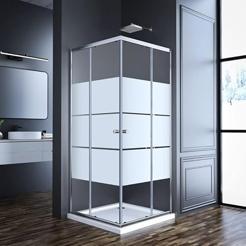 Goezes Duschkabine Eckeinstieg, Duschkabine 80x80cm Gestreift Eckeinstieg Schiebetür 6mm ESG Glas Duschabtrennung Dusche Duschwand Höhe 185cm, LINKS & RECHTS MONTIERBAR