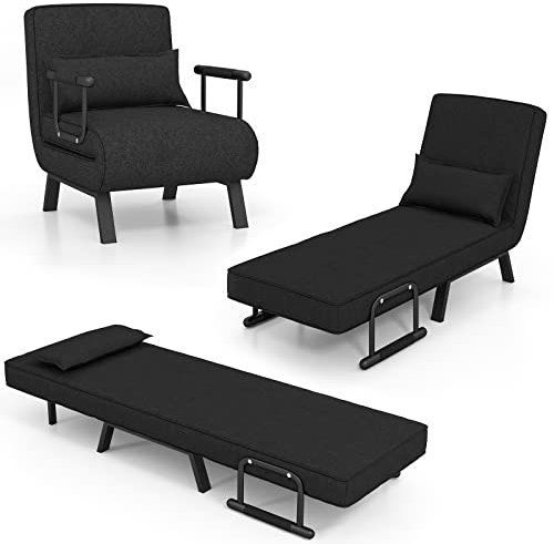 GOPLUS Sofá Cama Convertible, Sillón Reclinable 4 en 1 con Respaldo Ajustable en 6 Posiciones, Almohada Desmontable y Marco Metálico, Sofá Cama Plegable Individual Tapizada Carga 150kg (Negro)