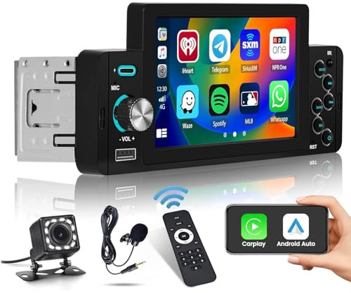 Hikity Autoradio 1 Din Carplay mit Bildschirm Android Auto Radio mit Bluetooth Freisprecheinrichtung 5 Zoll Touch Display Autoradio mit FM/EQ SWC Type-C/AUX/USB+Rückfahrkamera